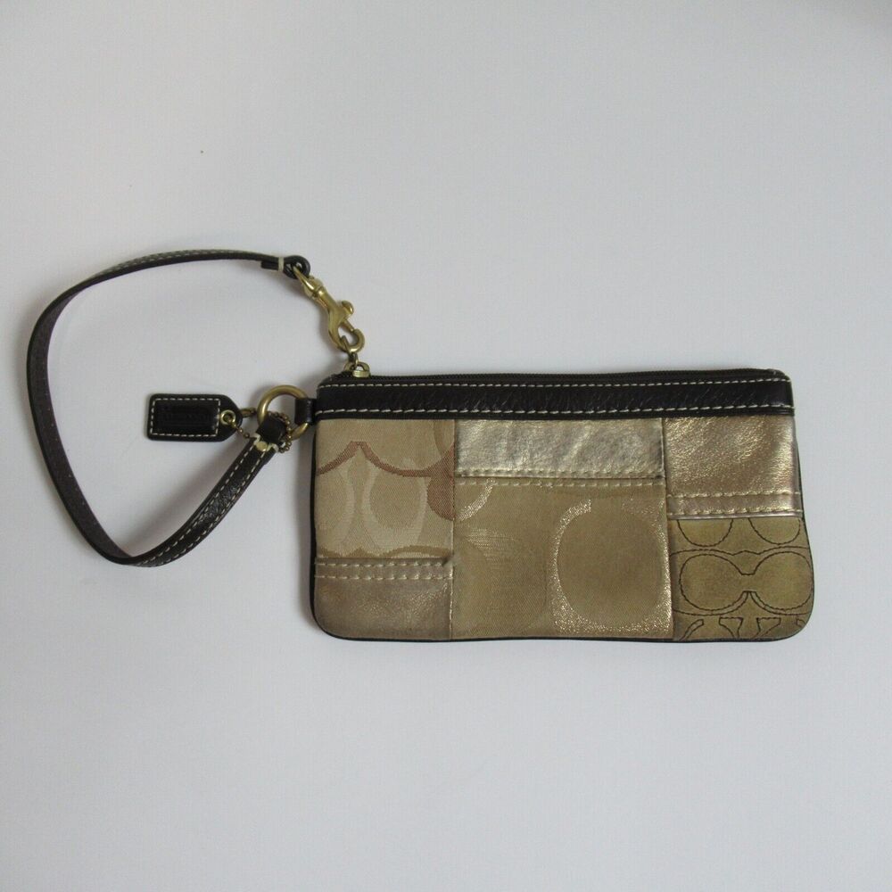 Coach Handbag Clutch Wristlet Small Brown Bronze Patchwork Womens